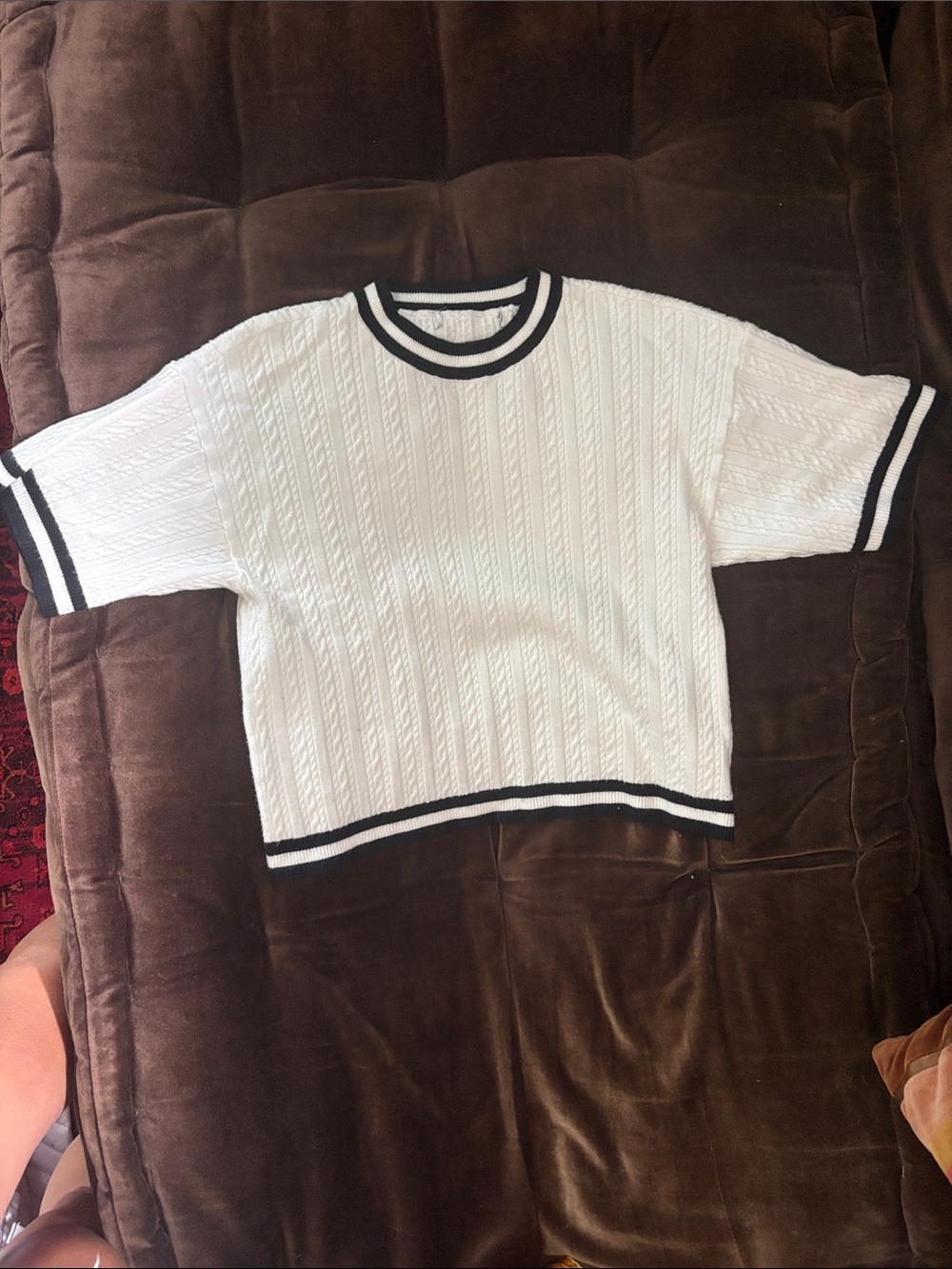 Summer-weight Cropped White Cable Knit Sweater with Black Trim